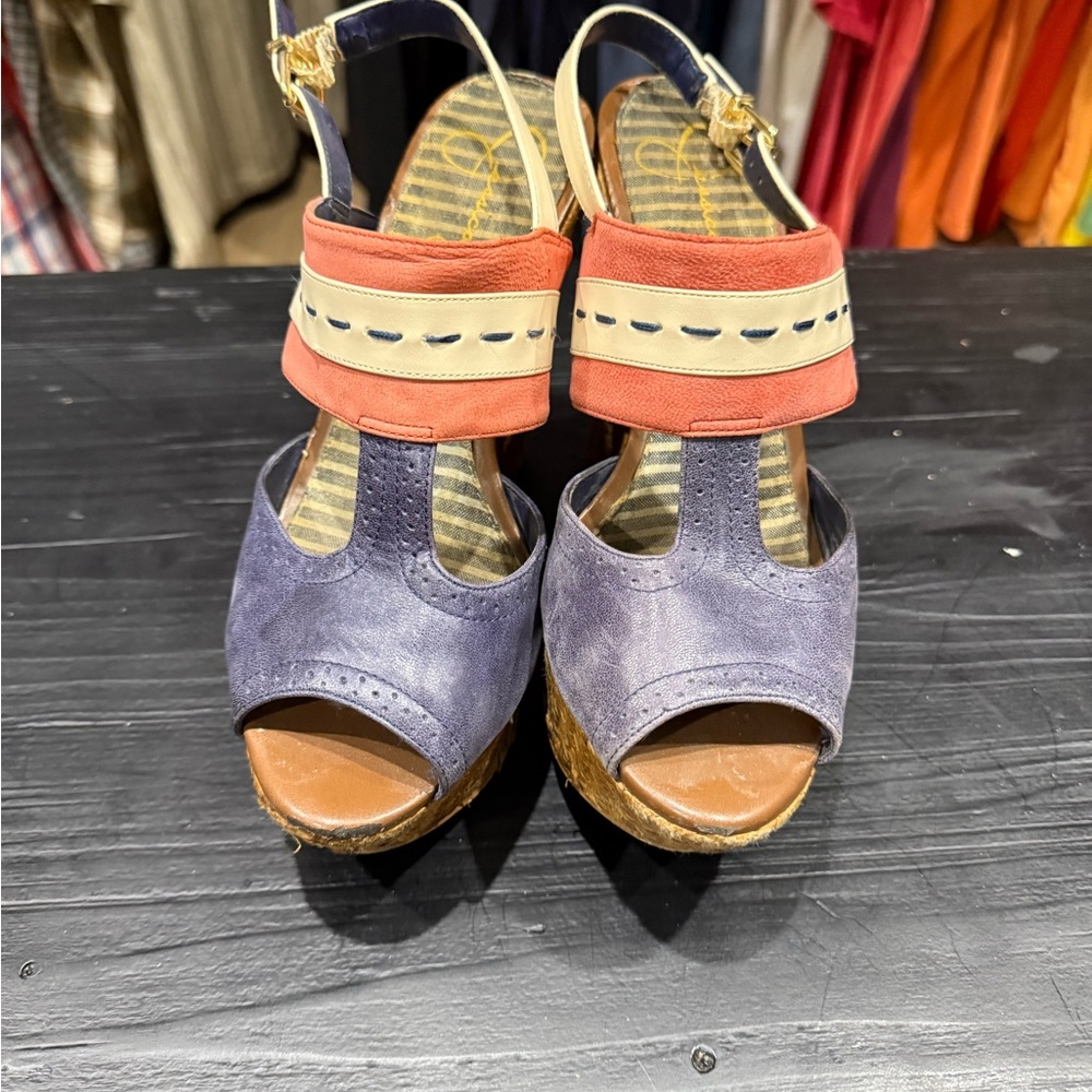 Jessica Simpson denim blue and red Heels with Peep-Toe Design